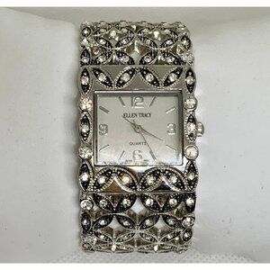 Ellen Tracy women silver tone cuff bracelet watch rhinestones 28mm running